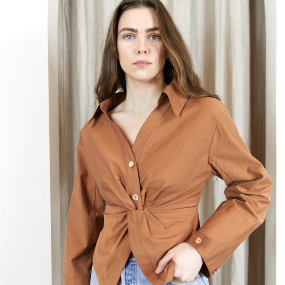 Nanushka Idris Poplin Button-Front Shirt Brown XS Cropped
